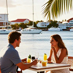 Caribbean Holidays, June Couples Holidays, Romantic couple enjoying breakfast at an outdoor seaside caf&eacute; in Marigot, Saint Martin, with boats in the harbour and tropical morning light