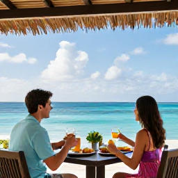 Caribbean Holidays, June Couples Holidays, Romantic couple sharing breakfast on a shaded hotel terrace overlooking the Caribbean Sea in Saint Kitts