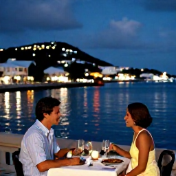 Caribbean Holidays, June Couples Holidays, Romantic evening in Gustavia, Saint Barth&eacute;lemy, with a couple dining outdoors near the harbour and glowing town lights