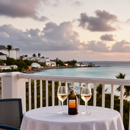 Caribbean Holidays, June Couples Holidays, Romantic hotel balcony overlooking a Caribbean bay in Saint Martin, with two glasses of wine, soft evening light and tropical surroundings