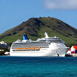 Caribbean Holidays, June Cruises, A bright Caribbean cruise ship approaching Charlotte Amalie harbour in June, with green hills, turquoise water and colourful waterfront buildings