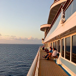 Caribbean Holidays, June Cruises, A comfortable cruise ship deck at sunset overlooking the Caribbean Sea, with relaxed passengers and soft evening light