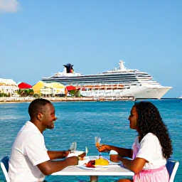 Caribbean Holidays, June Cruises, A couple enjoying a relaxed outdoor lunch beside the waterfront in Grand Turk, with colourful buildings and a sunny Caribbean setting