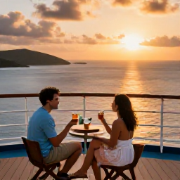 Caribbean Holidays, June Cruises, A couple enjoying sunset drinks on a cruise ship deck overlooking the British Virgin Islands