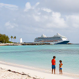 Caribbean Holidays, June Cruises, A family enjoying a calm Caribbean beach with turquoise water, soft sand and palm trees near a cruise port