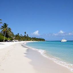 Caribbean Holidays, June Cruises, A quiet white-sand beach on Tortola with palm trees, clear shallow water and a small boat offshore