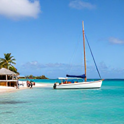 Caribbean Holidays, June Cruises, A small sailing boat anchored in a sheltered turquoise bay near Jost Van Dyke, with a casual beach bar and palm trees