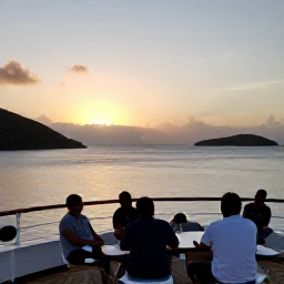 Caribbean Holidays, June Cruises, Cruise passengers enjoying an open-air deck at sunset near the US Virgin Islands, with calm sea, warm light and distant islands