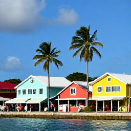 Caribbean Holidays, June Cruises, Passengers exploring a colourful Caribbean harbour with palm trees, local shops and brightly painted buildings