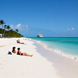 Caribbean Holidays, June Cruises, Visitors relaxing on a wide white-sand beach at Grand Turk, with clear shallow water, palm trees and a cruise ship in the distance