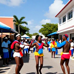 Caribbean Holidays, June Culture Holidays, Colourful Caribbean street festival in June with dancers, musicians, decorated costumes and lively crowds in a sunny historic town