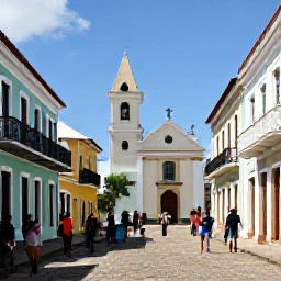 Caribbean Holidays, June Culture Holidays, Historic Caribbean town with colourful buildings, a church, musicians and visitors walking through a sunny cultural festival