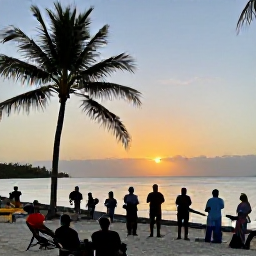 Caribbean Holidays, June Culture Holidays, Relaxed Caribbean beach at sunset with palm trees, calm sea, local musicians and visitors enjoying a cultural evening