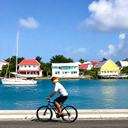 Caribbean Holidays, June Cycling Holidays, Cyclist arriving at a quiet harbour in Bequia, colourful Caribbean houses and small sailing boats surrounding the waterfront