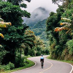 Caribbean Holidays, June Cycling Holidays, Cyclist climbing a winding road through lush El Yunque rainforest in Puerto Rico, misty mountains and tropical foliage