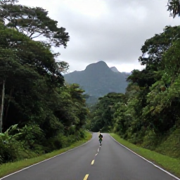 Caribbean Holidays, June Cycling Holidays, Cyclist following a scenic road through Trinidad's Northern Range with rainforest, mountains and dramatic island views