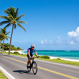 Caribbean Holidays, June Cycling Holidays, Cyclist riding along a sunny Barbados coastal road with turquoise sea, palm trees and clear blue sky