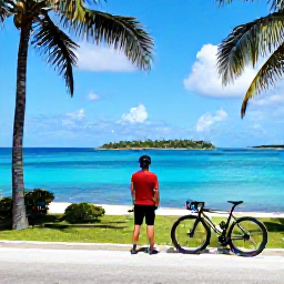 Caribbean Holidays, June Cycling Holidays, Cyclist stopping at a scenic viewpoint overlooking the Grenadine islands, with bright blue sea, palm trees and a bicycle in the foreground