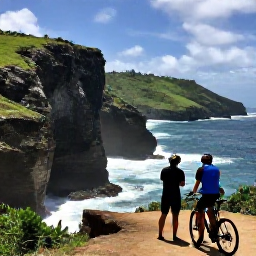 Caribbean Holidays, June Cycling Holidays, Cyclist stopping at Bathsheba viewpoint with dramatic rocks, Atlantic waves and green Barbados hills