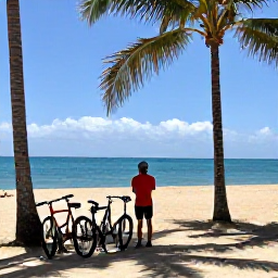 Caribbean Holidays, June Cycling Holidays, Cyclist stopping beside a palm-fringed beach near San Juan, Puerto Rico, with bicycles resting in the shade