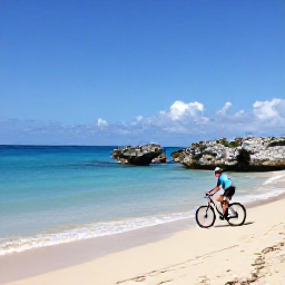 Caribbean Holidays, June Cycling Holidays, Cyclist stopping beside a quiet Cura&ccedil;ao beach with clear blue water and limestone rocks