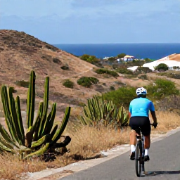 Caribbean Holidays, June Cycling Holidays, Cyclist touring Cura&ccedil;ao countryside near cactus plants, dry hills and a distant Caribbean coastline