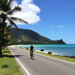 Caribbean Holidays, June Cycling Holidays, Cyclist travelling along a quiet coastal road in Tobago, with turquoise water, palm trees and green hills