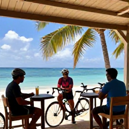 Caribbean Holidays, June Cycling Holidays, Cyclists resting at a Caribbean beach caf&eacute; after a ride, with bicycles, tropical drinks and palm-fringed sea views