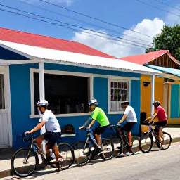 Caribbean Holidays, June Cycling Holidays, Friendly cyclists enjoying a roadside stop at a Puerto Rican caf&eacute;, bicycles outside, colourful Caribbean village setting