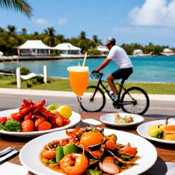 Caribbean Holidays, June Cycling Holidays, Outdoor Caribbean restaurant serving fresh seafood and tropical dishes to a cyclist after a ride, with a village waterfront behind