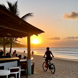 Caribbean Holidays, June Cycling Holidays, Relaxed cyclist enjoying a beachfront caf&eacute; and sunset after a day touring Barbados