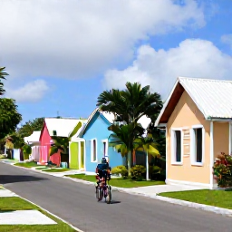 Caribbean Holidays, June Cycling Holidays, Road cyclist passing colourful houses and tropical gardens on a quiet Barbados village lane