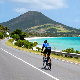 Caribbean Holidays, June Cycling Holidays, Road cyclist riding along a quiet coastal road beside turquoise Caribbean water on Saint Vincent, tropical hills in the background