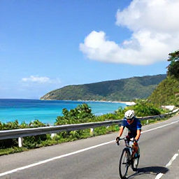 Caribbean Holidays, June Cycling Holidays, Road cyclist riding along Puerto Rico's sunny coastal highway in June, with turquoise Caribbean water and green hills