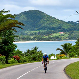 Caribbean Holidays, June Cycling Holidays, Road cyclist riding through lush tropical hills and quiet coastal scenery in Trinidad and Tobago during June
