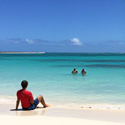 Caribbean Holidays, June Diving Bahamas, Relaxed diver enjoying a sunny tropical beach and calm turquoise sea after scuba diving in the Bahamas