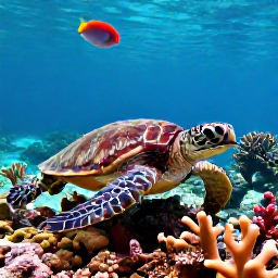 Caribbean Holidays, June Diving Bahamas, Sea turtle and tropical fish swimming above vibrant coral reef in the Bahamas