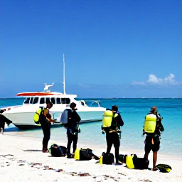 Caribbean Holidays, June Diving Bahamas, Small group of scuba divers preparing equipment beside a dive boat in the Bahamas