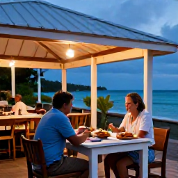 Caribbean Holidays, June Escapes, A couple dining outdoors at a small Caribbean restaurant in the Grenadines, local seafood, gentle evening light and a welcoming island setting