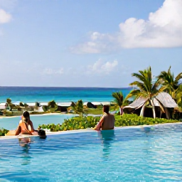 Caribbean Holidays, June Escapes, Adult couple relaxing beside a tranquil infinity pool at a luxury adults-only resort on Saint Kitts, with tropical greenery and the Caribbean Sea beyond