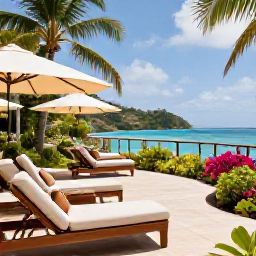 Caribbean Holidays, June Escapes, An elegant adults-only resort terrace overlooking the Caribbean Sea in Saint Vincent and the Grenadines, with comfortable loungers and tropical planting