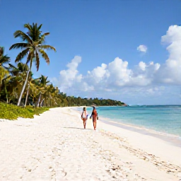 Caribbean Holidays, June Escapes, Couple walking along an empty white-sand beach in the British Virgin Islands during June, with palm trees and calm turquoise sea