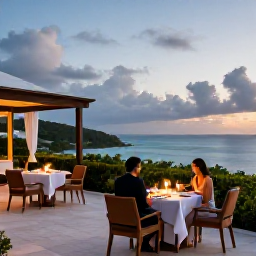 Caribbean Holidays, June Escapes, Elegant adults-only resort terrace in Saint Kitts at dusk, with a couple dining outdoors, soft lights and views across the Caribbean Sea