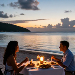 Caribbean Holidays, June Escapes, Relaxed beachfront dinner for two in the British Virgin Islands at sunset, with Caribbean dishes, lanterns and calm blue sea