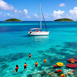 Caribbean Holidays, June Escapes, Sailing boat and snorkellers exploring clear turquoise water around the British Virgin Islands, with colourful reef and small green islands in the background