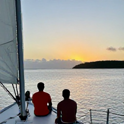 Caribbean Holidays, June Escapes, Two adults enjoying a sunset sailing trip between the Grenadine islands, calm blue water, warm evening light and a relaxed atmosphere