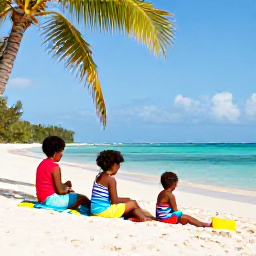 Caribbean Holidays, June Family Holidays, A happy family relaxing on a bright sandy beach in Tobago, calm turquoise sea, palm trees and gentle sunshine