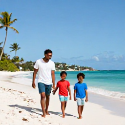 Caribbean Holidays, June Family Holidays, A happy family walking along a sunny white-sand beach on St Thomas in the United States Virgin Islands, calm turquoise sea and palm trees