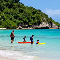 Caribbean Holidays, June Family Holidays, Children paddling in shallow clear water beside a family-friendly beach in Tobago, parents nearby, lush green hills in the background