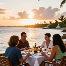 Caribbean Holidays, June Family Holidays, Family enjoying a relaxed outdoor meal at a waterfront restaurant in St Thomas at sunset